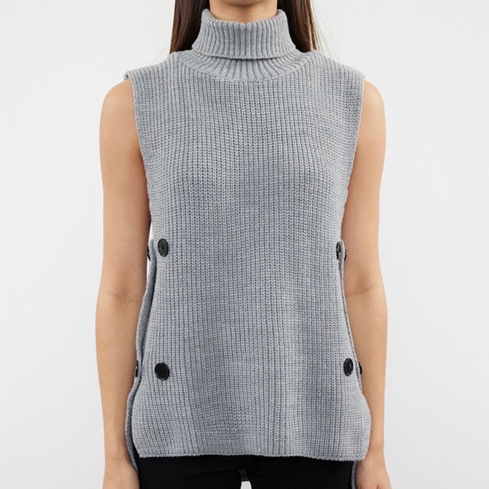 Zara Sleeveless Sweater Medium Womens Gray Turtleneck Rib Knit Side Button Wool